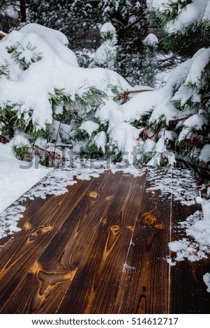 Wooden table in the winter pine forest