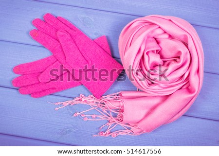 Woolen pink gloves and shawl for woman on boards, warm clothing for autumn or winter, womanly accessories
