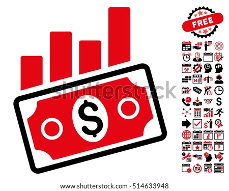 Sales Bar Chart pictograph with bonus calendar and time management clip art. Vector illustration style is flat iconic bicolor symbols, intensive red and black colors, white background.