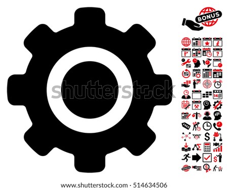 Gear pictograph with bonus calendar and time management clip art. Vector illustration style is flat iconic bicolor symbols, intensive red and black colors, white background.