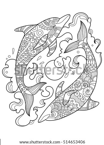 Dolphin coloring book for adults vector illustration. Anti-stress coloring for adult. Tattoo stencil. Zentangle style. Black and white lines. Lace pattern