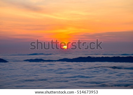 Morning sunrise over mist , Por Ta Cho Dong Mountain, Ranong, Thailand, landscape, travel and nature concept