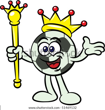 Cartoon illustration of a soccer mascot character as a king with crown and scepter