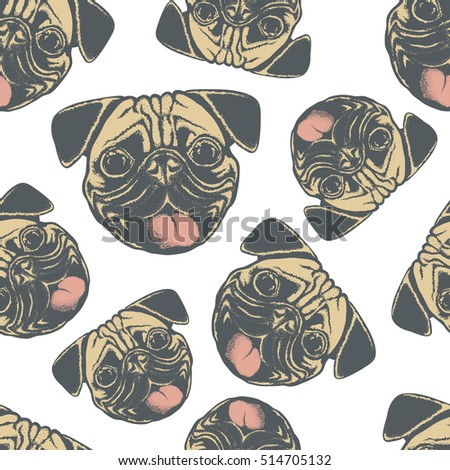 Pug dog vector seamless pattern illustration. Pug dog head isolated
