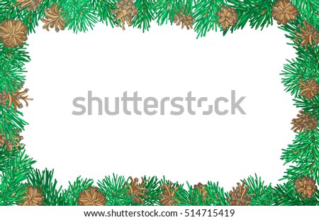 Nature horizontal background with pine branches and cones. Christmas frame. Vector illustration. There is copy space for your text on white background.