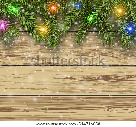 Christmas background, fir tree on wooden board background with copy space