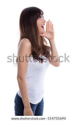 Young woman shout and scream using her hands as tube,isolated on white background