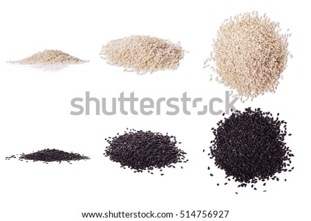 White sesame and black sesame seed isolated on white background. three types of view Royalty-Free Stock Photo #514756927