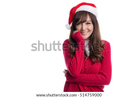 Happy beautiful girl wearing santa hat and red sweater, Christmas concepts, Christmas santa hat concepts, isolated on white background