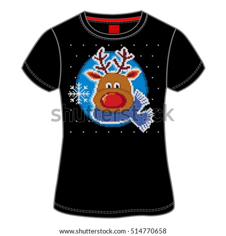 Christmas T-Shirt design with Jacquard knitting. Image of a Santa's deer with red nose in a blue scarf. Vector illustration.
