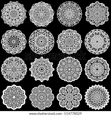 Large  set of design elements, lace round paper doily, doily to decorate the cake, template for cutting, greeting element,  snowflake, laser cut;  vector illustrations