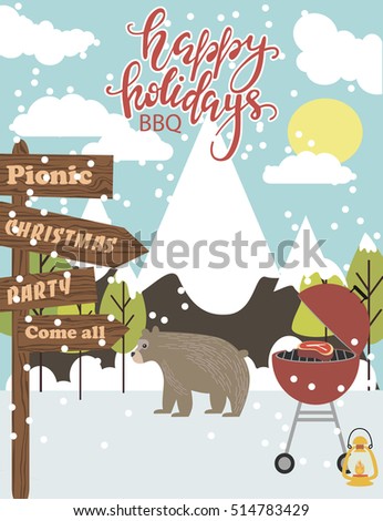 Happy Holidays card with winter landscape. BBQ invitation card. Vector illustration