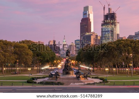 Beautiful Philadelphia skyline at sunset in USA
