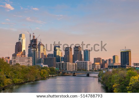 Downtown Skyline of Philadelphia, Pennsylvania at sunset in USA