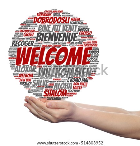 Concept conceptual abstract welcome or greeting international word cloud in hand, different languages or multilingual isolated metaphor to world, foreign, worldwide, travel, translate vacation tourism