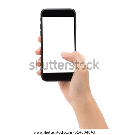 Close-up hand holding smart phone white screen isolated on white background clipping path inside