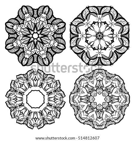 Hand-drawn mehendi ornamental elements and mandala collection. Indian henna tattoo set. Oriental style decorative design templates. EPS 10 vector illustration isolated on white