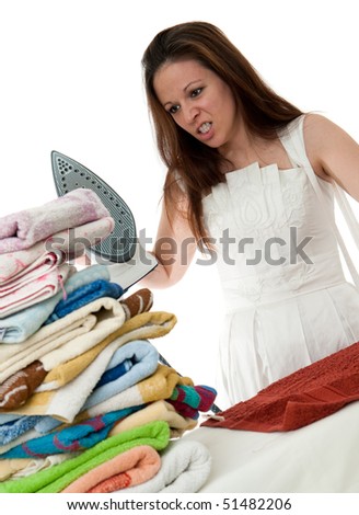 nervous bride ironing towels. isolated picture on the white background