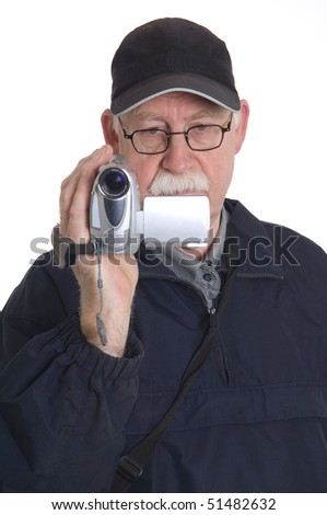 Man is filming isolated on white