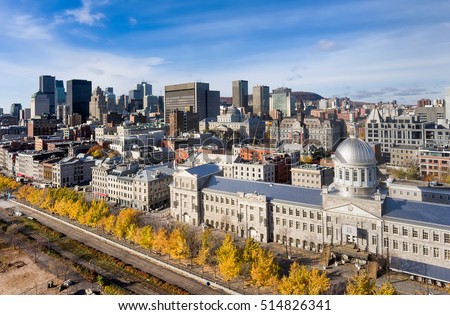 Aerial view of Bonsecours market and downtown Montreal during fall