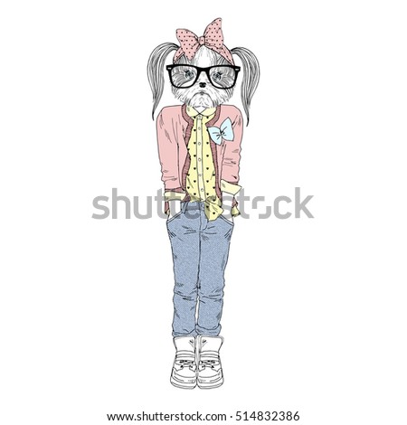 cute doggy girl hipster, anthropomorphic illustration for kids