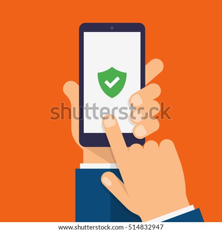 Green Shield on smartphone screen. Hand holds the smartphone and finger touches screen. Modern Flat design illustration. Royalty-Free Stock Photo #514832947