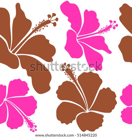 Aloha typography with hibiscus floral illustration for t-shirt print, seamless pattern vector illustration in brown and magenta colors on white background.