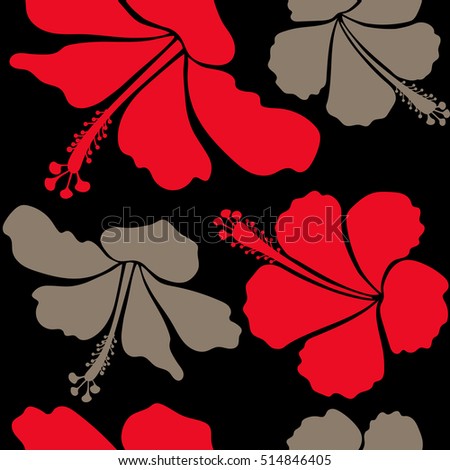 Vector of tropical hibiscus flowers in beige and red colors with watercolor effect on black background.