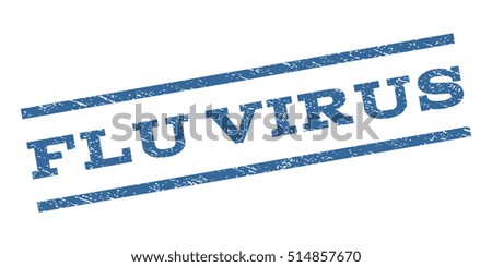 Flu Virus watermark stamp. Text tag between parallel lines with grunge design style. Rubber seal stamp with dust texture. Vector cobalt blue color ink imprint on a white background.