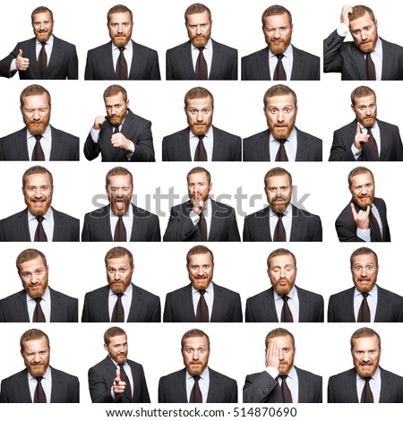 mosaic of businessman expressing different emotions. The bearded businessman with suit with 25 different emotions. isolated on white. studio shot. Royalty-Free Stock Photo #514870690