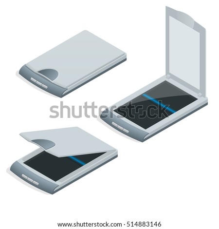 Isometric vector Scan document paper copy print office scanner and office scanner print equipment business copier. Modern fax digital device electronics.  Royalty-Free Stock Photo #514883146