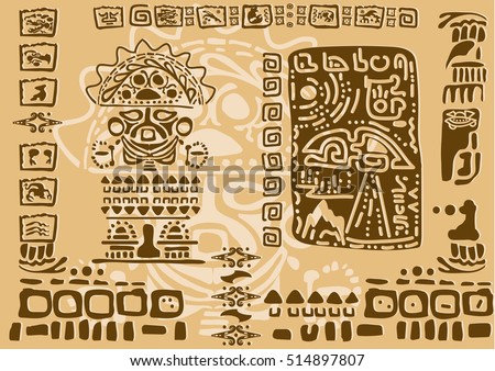 Aztec ornamental tribal elements and symbols. Ancient drawings of terrestrial and extraterrestrial characters.