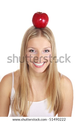 Woman with red apple on head