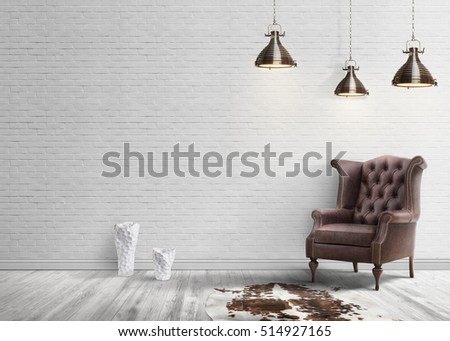 Loft interior with white brick wall and leather armchair Royalty-Free Stock Photo #514927165