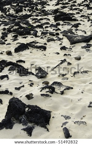 Beach background: hard volcanic rocks in soft Hawaiian sand