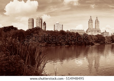 Central Park Spring with skyline panorama in midtown Manhattan New York City