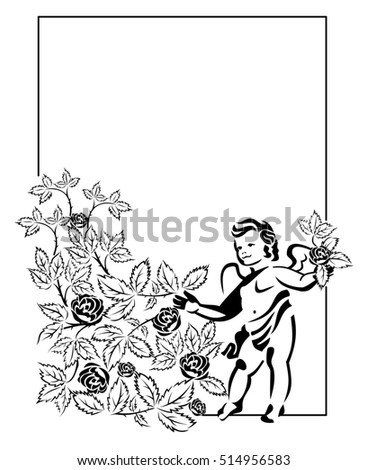 Valentine frame with cupids and roses. Raster clip art.