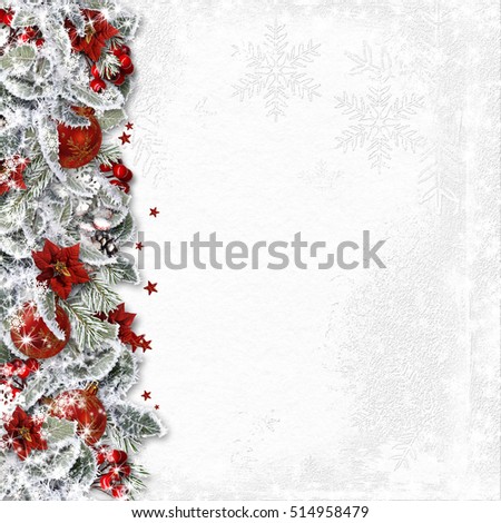 Christmas border with branches, balls and poinsettia on white background
