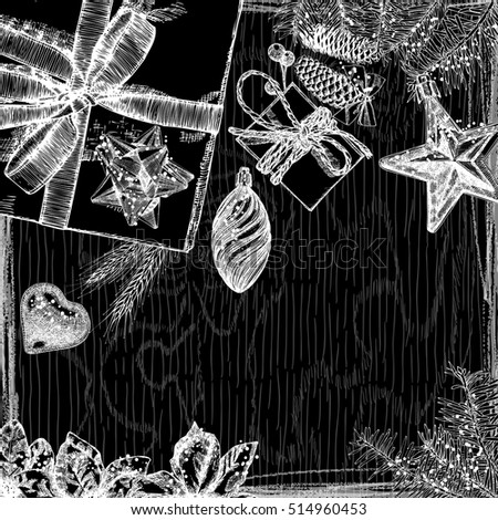 Holidays design template. Hand drawn Christmas and New Year mock up for invitation text. Black and white card. Vector.