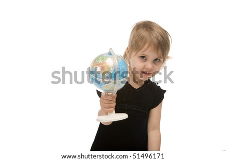 child shows a globe on white