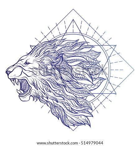 Vector ornamental Lion head with sacred geometry. Hand drawn illustration. Tattoo, astrology, alchemy, boho and magic symbol. 