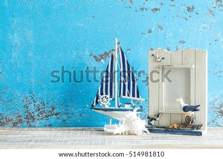 Decorative marine items on wooden background. sea theme decorations.