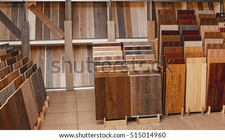 Sample parquet boards in hardware store, in home improvement warehouse exterior Royalty-Free Stock Photo #515014960