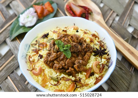 Mutton Gosht /lamb/meat/wagyu biryani Kerala, India. Popular and traditional dish prepared using Indian spices/masala . 