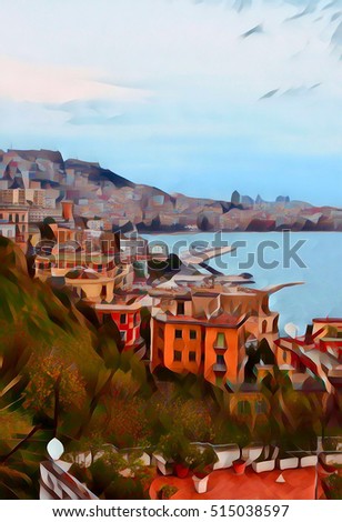 View of old Italian town on Amalfi coast. Vintage digital illustration. Travel in Italy. Seaside town in Italy. Romantic coast postcard. Vertical image in retro style with beautiful old city in Italy
