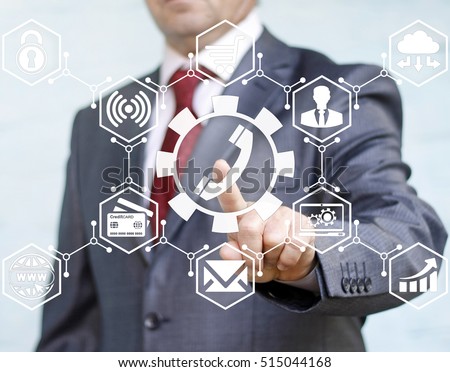 businessman touched service handset icon with cogwheel. Support call center help business sign. 24 hour a day. Communication, network iot concept, tech, maintenance, repair, connection.