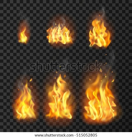 Set of realistic fire flames of various size with sparks on transparent background isolated vector illustration 