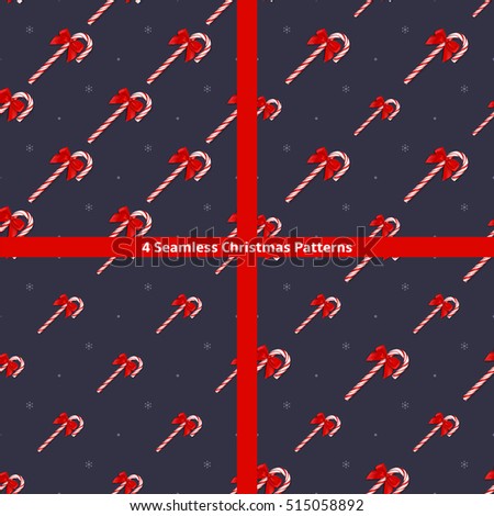 Set of beautiful Christmas seamless patterns with candy canes. Vector illustration with snowflakes and red bows.