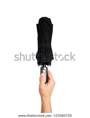 man hand with an black automatic umbrella isolated on white background, Human hand holding a bumbershoot,