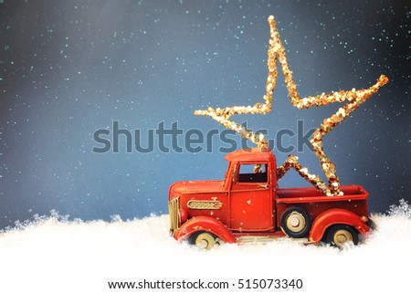 Red Truck With Christmas Decortion, Family Holiday
